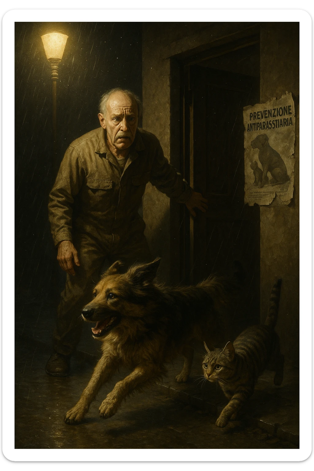 Un uomo anziano in tuta da lavoro, con espressione angosciata, tiene aperta la porta di casa mentre il suo cane (un meticcio a pelo lungo) e il gatto (soriano) scappano nella strada buia sotto la pioggia. Particelle di polvere/pulci fluttuano nell'aria illuminata dal lampione. Sullo sfondo, un poster strappato del veterinario con scritto 'Prevenzione antiparassitaria'. Stile fotorealistico, illuminazione Caravaggesca, toni grigi e ocra. in italiano sticker