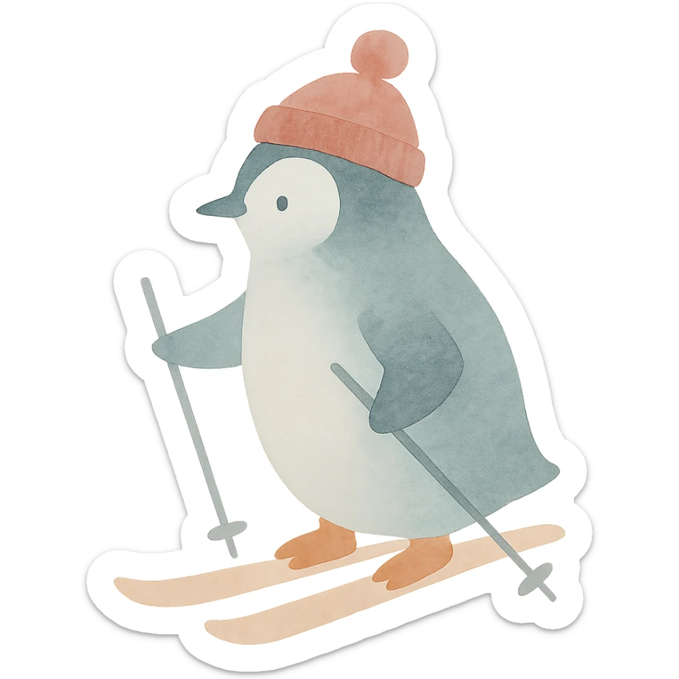 un pinguin avec un bonnet des batons qui fait du ski sticker