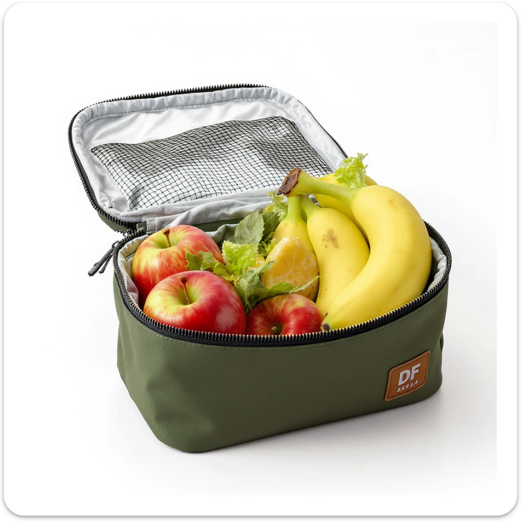 realistic lunch bag with fruit inside, visible apples and bananas, soft lighting, white background sticker