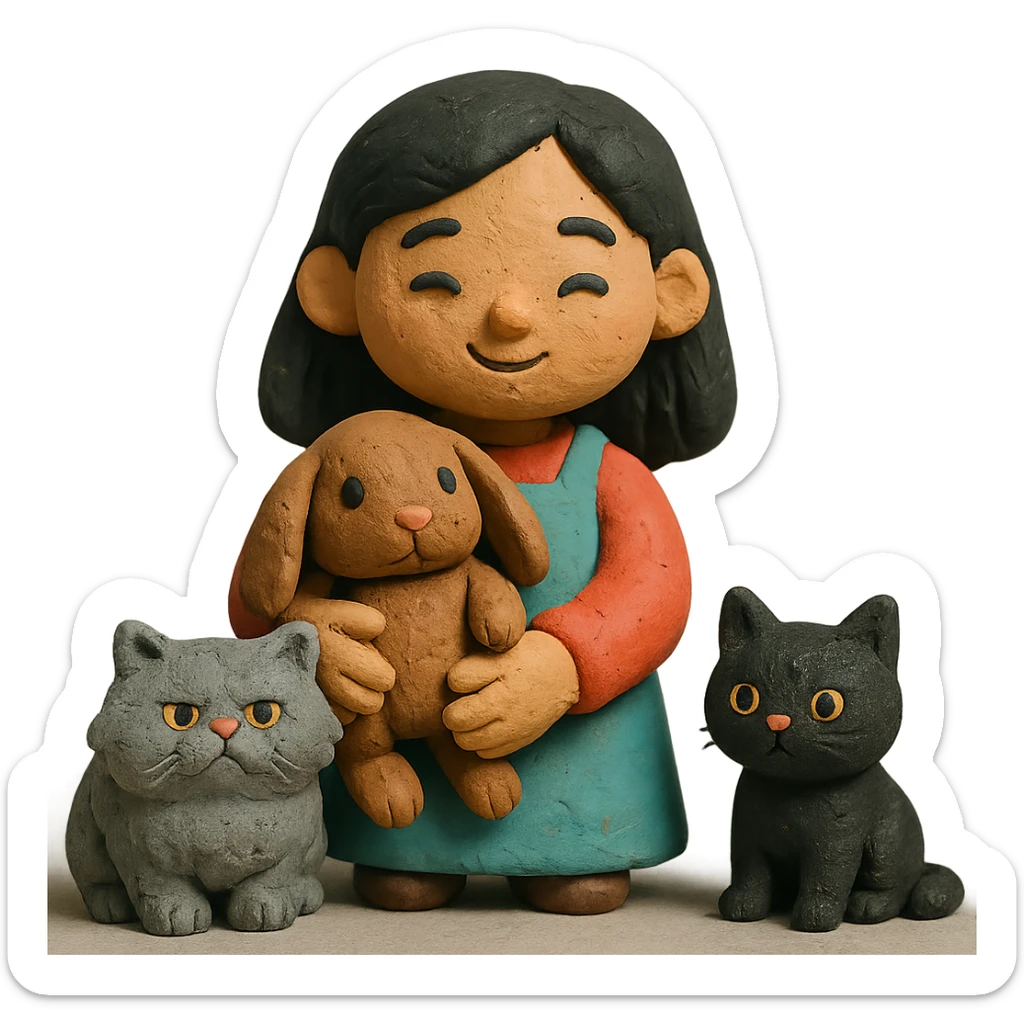 brunette chinita girl holding a brown holland lop rabbit, gray persian cat, and black kitten in claymation style sticker