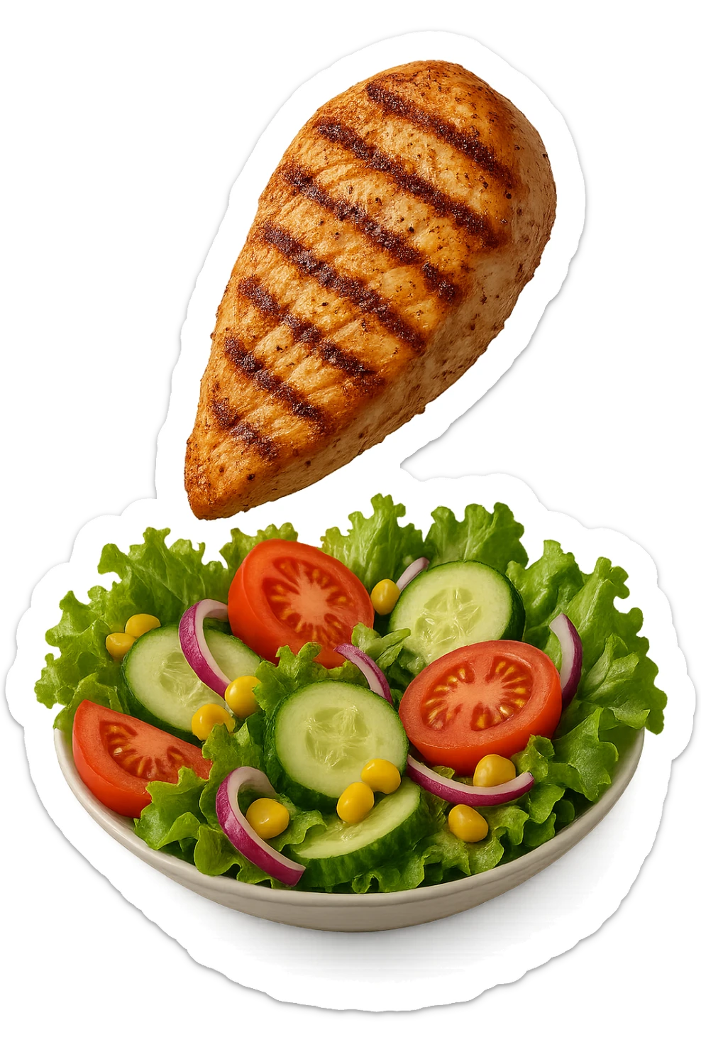 INSALATA CON PETTO DI POLLO GRIGLIATO CHE CADE DALL'ALTO, IPERREALISTICO 4K sticker