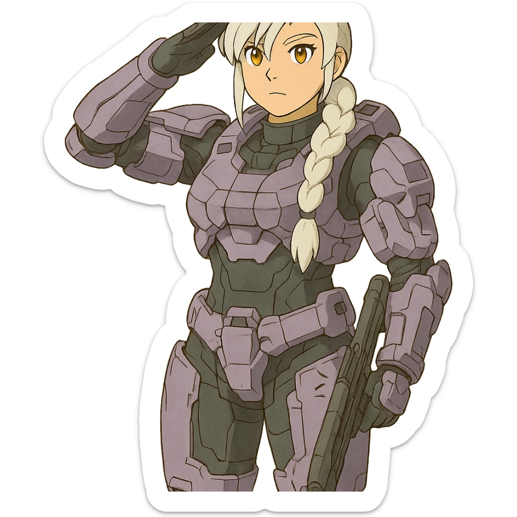 standing salute, weapons-at-arms, female, wearing reach spartan armor shoulder-unequip, long white braid hair with massive messy front side single bangs, gold yellow eyes, attention pose, D-cup size, HALO:series, no helmet, the armor is lavender color scheme, sticker