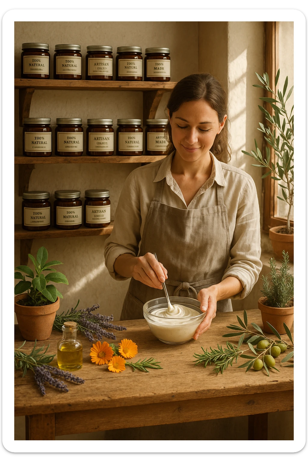 A realistic, high-quality photo of a small artisan skincare laboratory in Italy, with wooden shelves displaying beautifully packaged glass jars of natural creams made with herbal and botanical extracts, olive oil, and essential oils, clearly labeled ‘100% Natural’ and ‘Artisan Made in Italy’. The scene includes a bright, sunlit rustic workspace with plants, fresh lavender, rosemary, calendula flowers, and olive branches on the wooden counter, symbolizing purity and nature. A female artisan in a linen apron is carefully mixing creams in a glass bowl, smiling softly. The environment feels warm, authentic, and eco-friendly, emphasizing the concept of handcrafted skincare without synthetic chemicals in italiano sticker