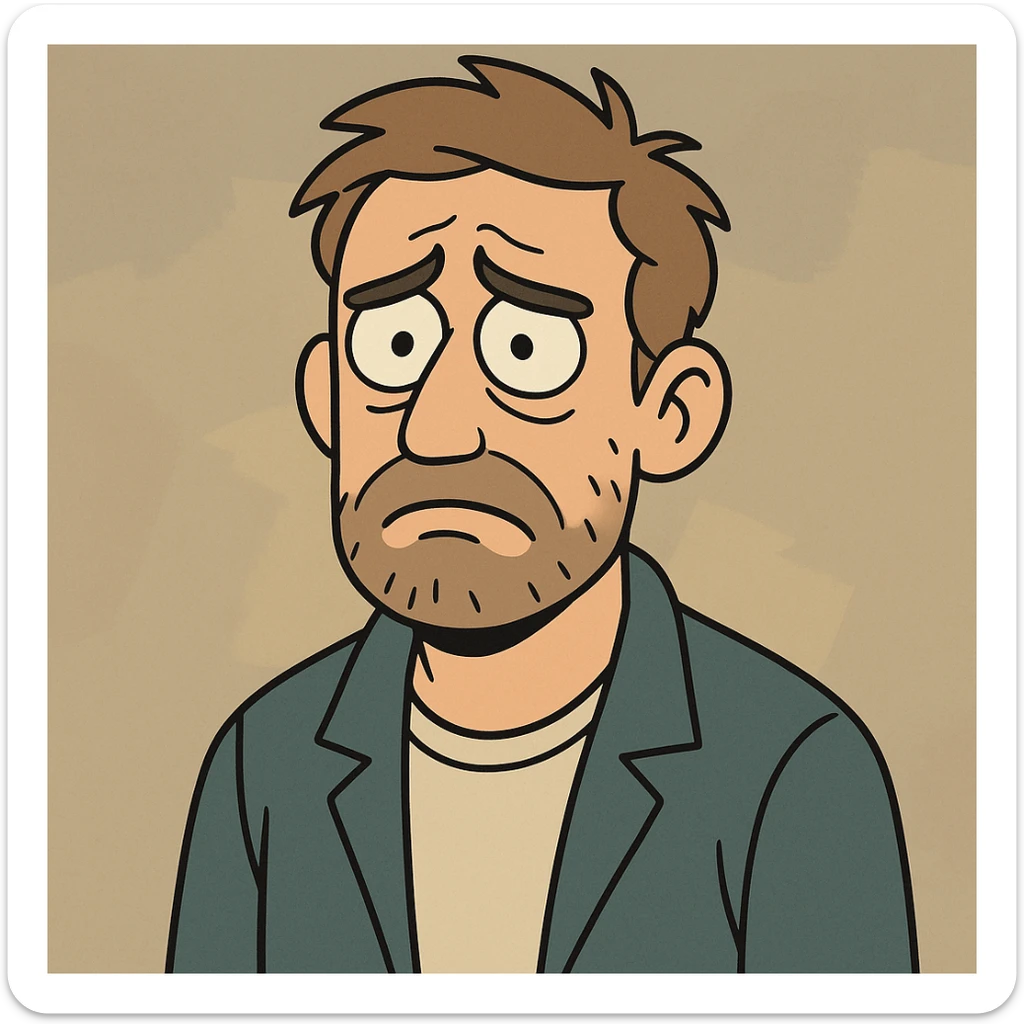 a sad and lost looking man, expressive face, simple background, modern cartoon style sticker