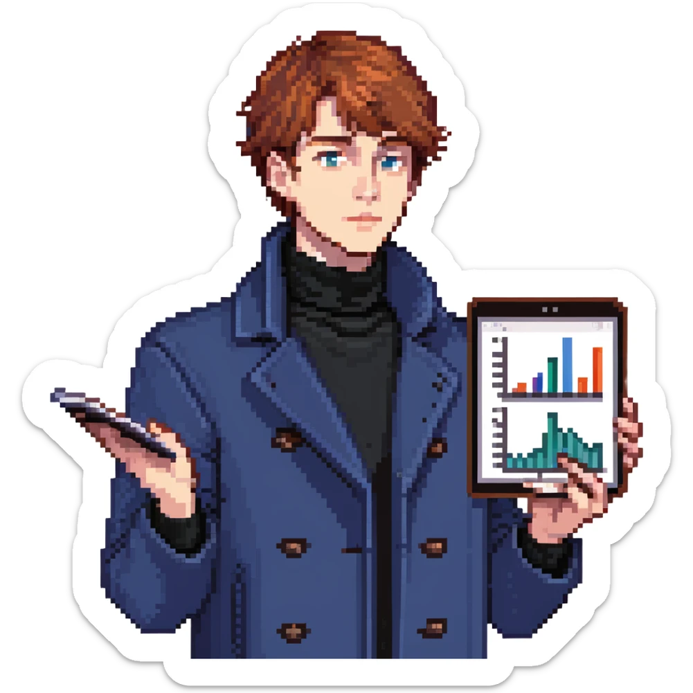 Flat pixel art, bold and charismatic male leader, Caucasian, short auburn hair, sharp eyes, wearing indigo coat over black turtleneck, one arm raised giving direction, holding tablet with graphs, waist-up, front-facing sticker