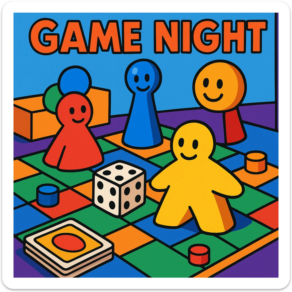 game night scene with colorful game pieces sticker
