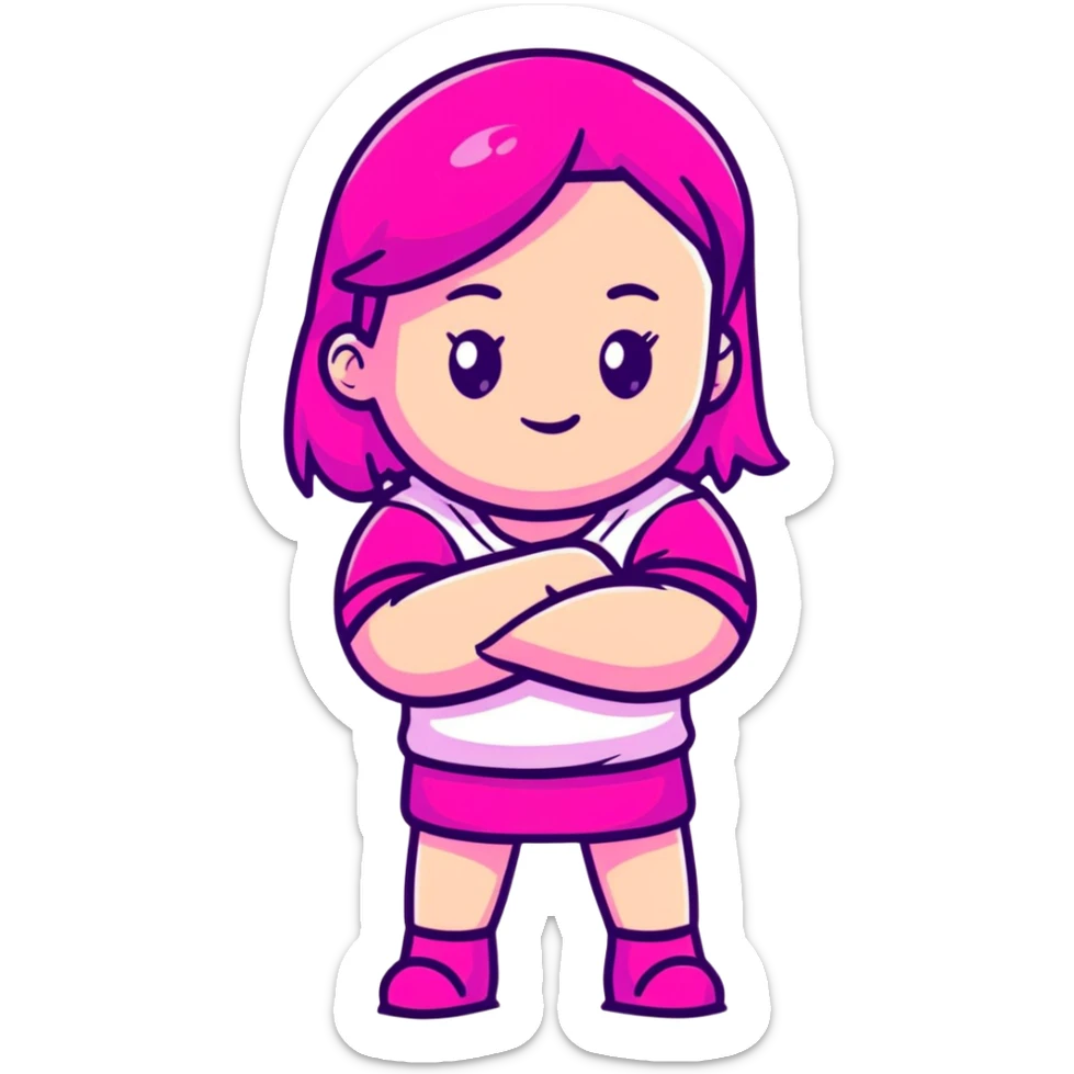 Shy girl character with arms crossed, transparent glass style, bright pink gradient, soft shadows and highlights, minimalist cute design sticker