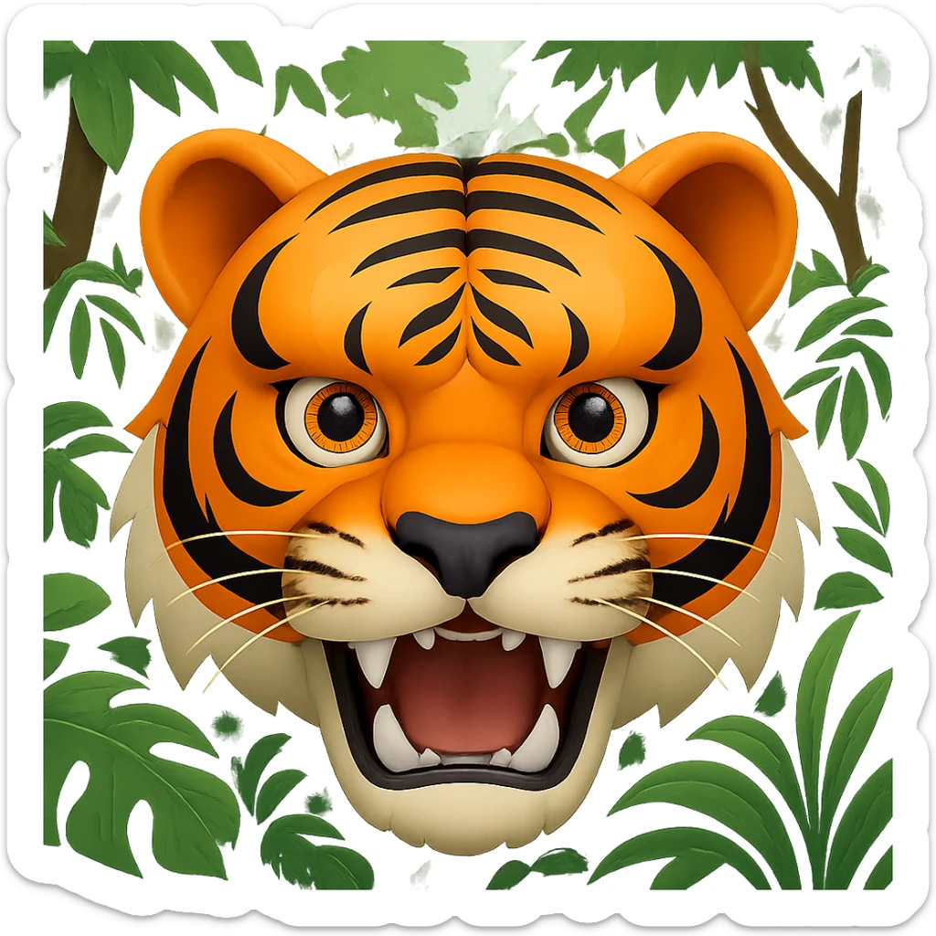 Add a lush green jungle background behind the roaring tiger in the style of apple emojis, preserving the apple emoji style and look. sticker