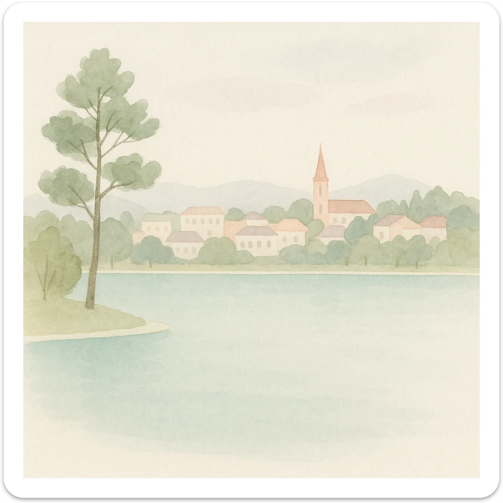 soft watercolor illustration of Lake Xuân Hương in Da Lat city, view of the city in the background across the lake, minimalist modern style, pastel colors, delicate linework, gentle whimsical mood, minimal soft shading sticker