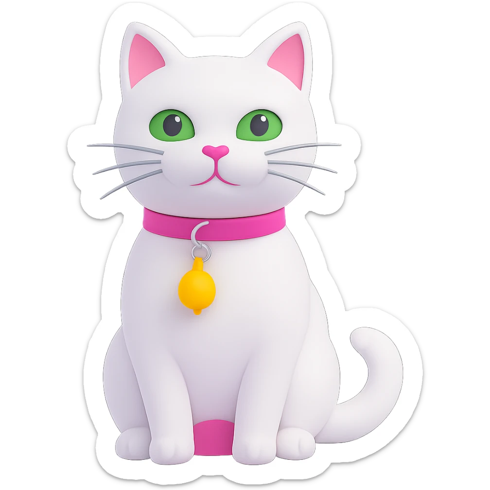Edit the image of a white cat with a pink collar and a yellow bell on the collar. Change the cat's eyes to green. Remove the background so it is transparent. Maintain the style and details of the original image. sticker
