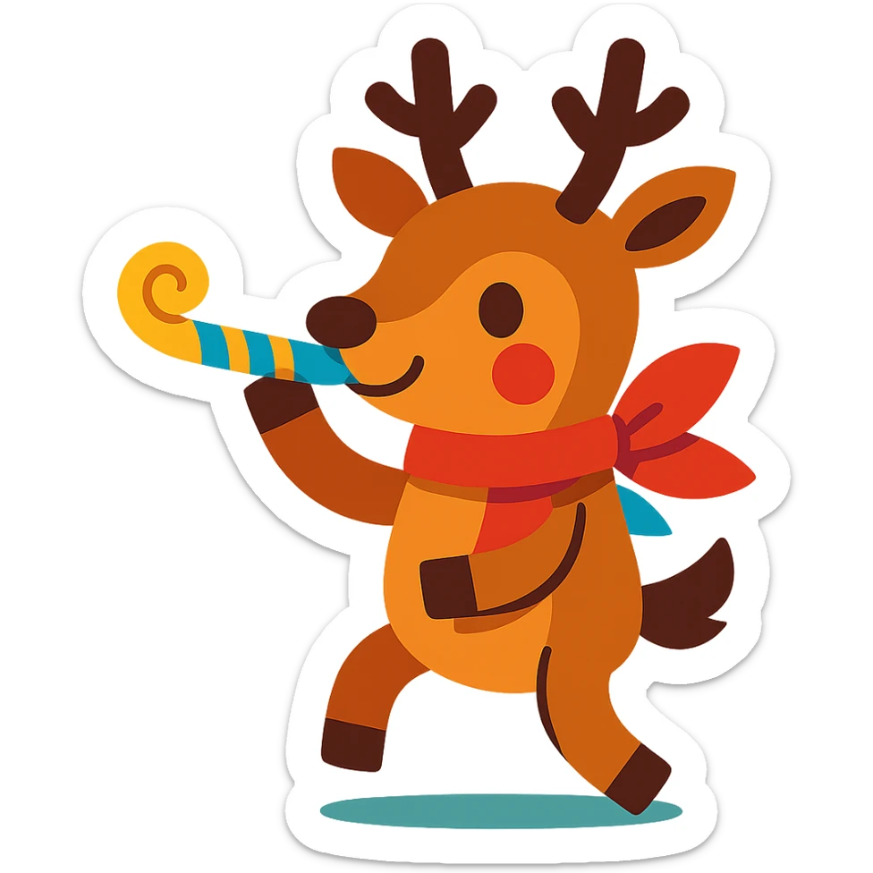 deer with ribbon scarf holding birthday horn in vibrant-toon style sticker