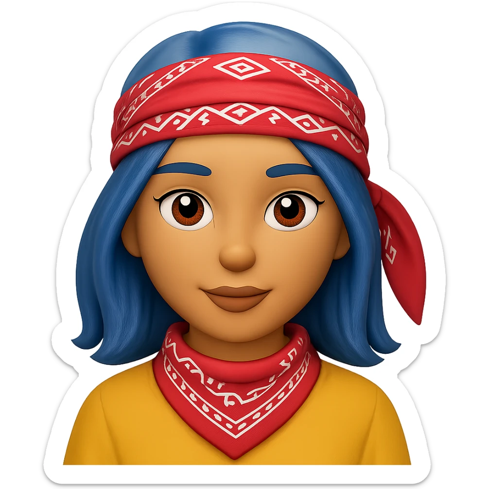 Create an image of a woman with a bandana and blue hair in the style of Apple emojis, with no background. The style should mimic the look of Apple emojis. sticker