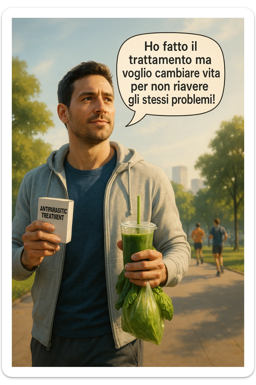 A realistic, cinematic illustration of a man in his early 30s with a determined and hopeful expression, standing outside under a bright morning sky, holding a small box labeled 'Antiparasitic Treatment' in one hand, while in the other hand he holds a fresh green smoothie or a bag of vegetables. A speech bubble near him says: ‘Ho fatto il trattamento ma voglio cambiare vita per non riavere gli stessi problemi!’ The man is wearing casual but clean and sporty clothing, symbolizing a fresh start, with the background showing a city park with green trees, morning light, and people jogging, indicating a healthy lifestyle. The atmosphere is bright, uplifting, and motivating, clearly illustrating the transition from treatment to lifestyle change to prevent future health issues. The style is realistic with warm tones, showing positive energy and commitment to change in italiano sticker