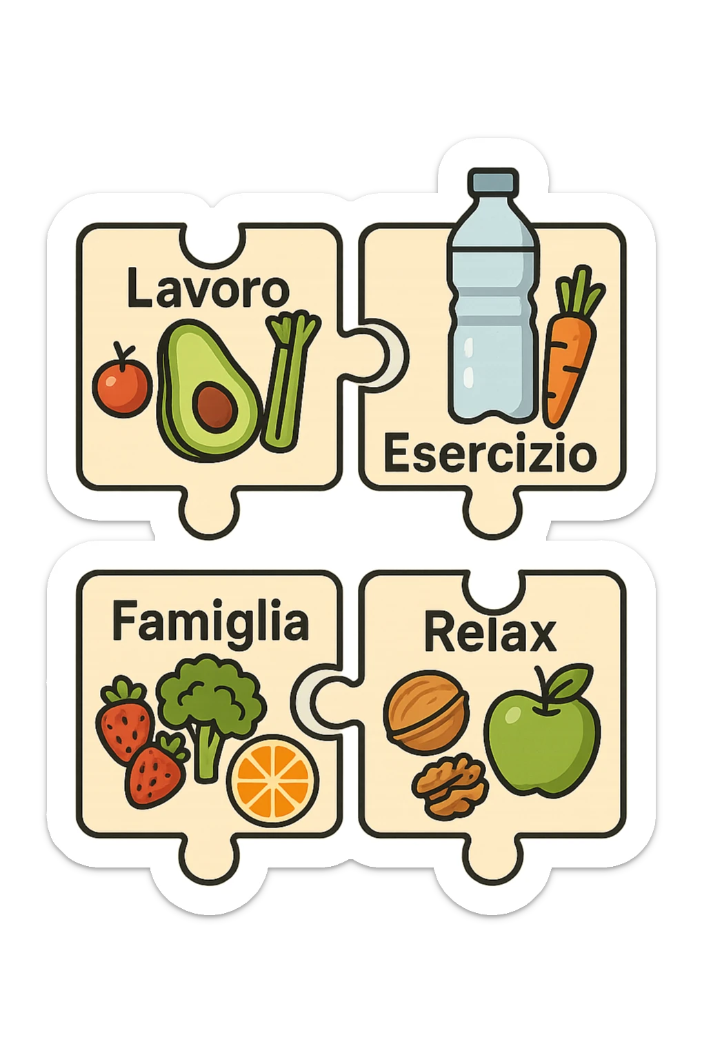 Puzzle (Lavoro, Esercizio, Famiglia, Relax), and healthy foods are integrated into each piece. in italiano sticker