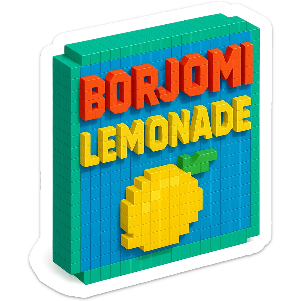 Borjomi lemonade advertisement sign with bold text sticker