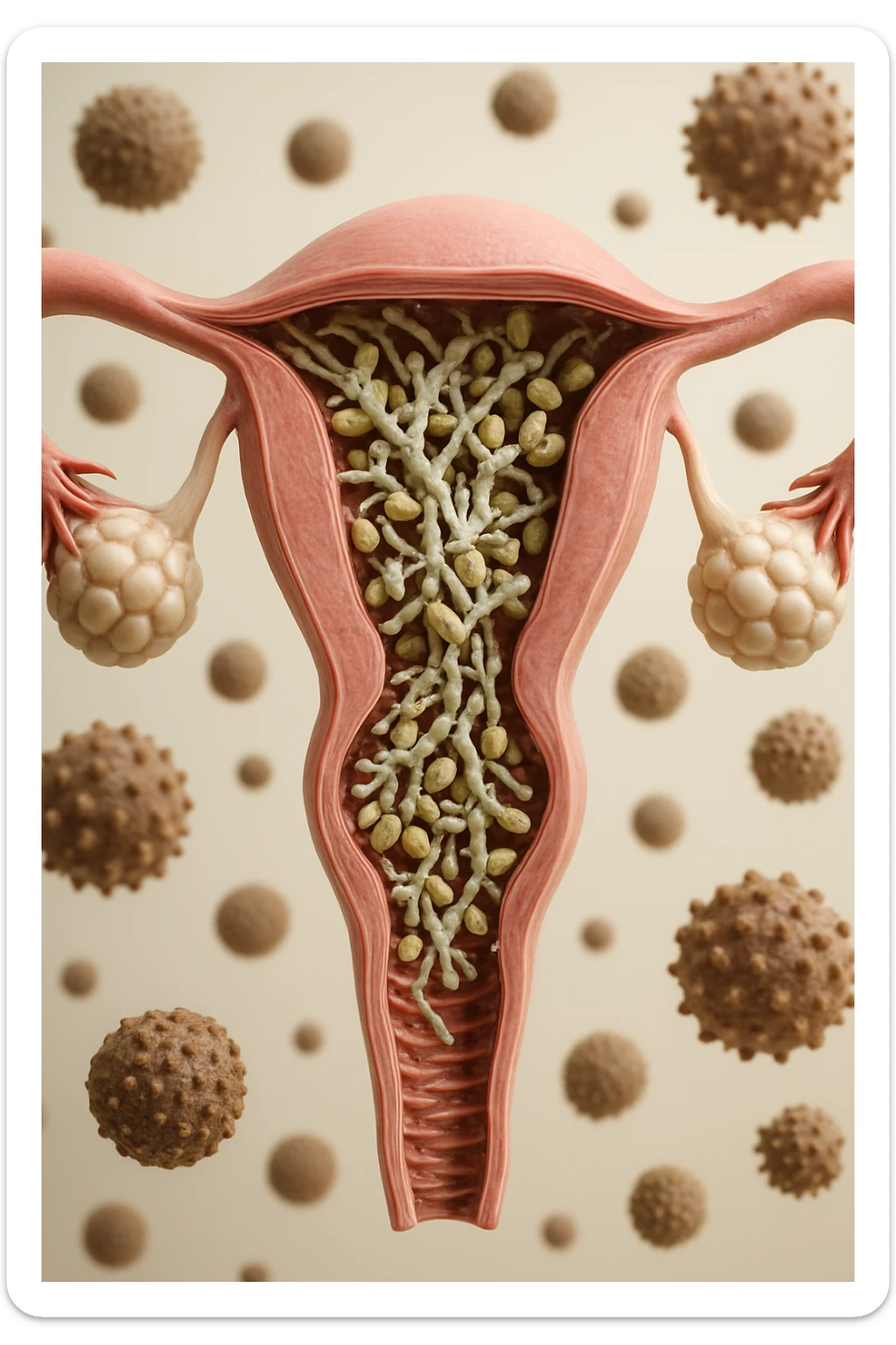 corpo umano anatomico con batteri come la candida nell'utero, sfondo neutro chiaro, iperrealistico 4k sticker