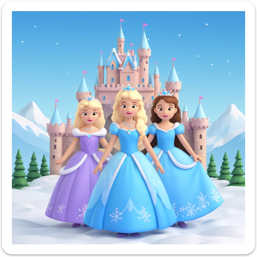 girls in a  snow princess dress, snow castle background sticker