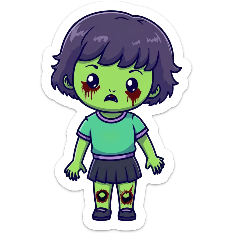 zombie girl with short wavy hair and black bangs, greenish skin sticker
