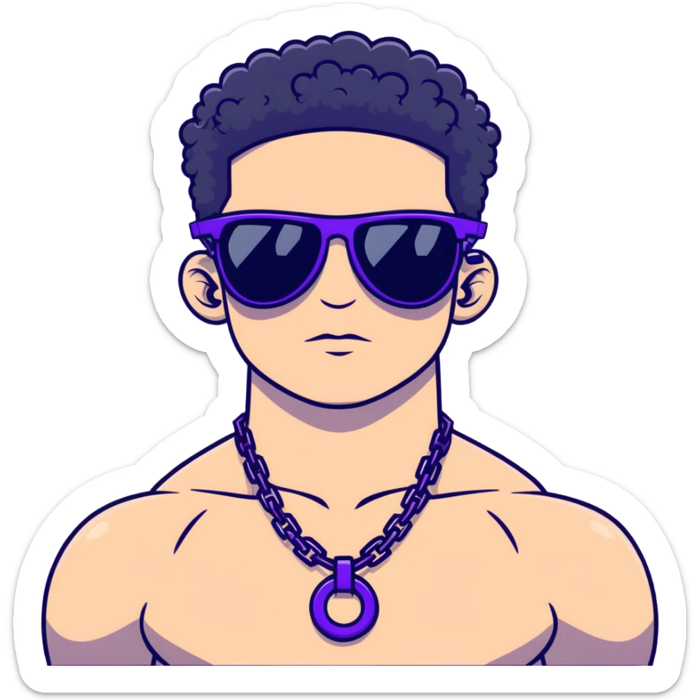 shirtless male athlete with white skin and moderately curly black hair on top with shaved sides, wearing purple sunglasses with very dark heavily tinted black lenses that completely hide the eyes, and a plain black chain necklace sticker