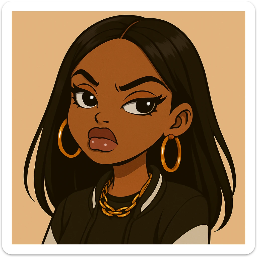 Change her outfit to a more casual style, headshot only, 20-year-old anime Bratz style woman with dark skin, straight hair, big expressive eyes, glossy lips, no hat, no tears, confident and aloof expression, snooty attitude, nose turned up. Maintain the anime Bratz style and the described facial features and expression. sticker