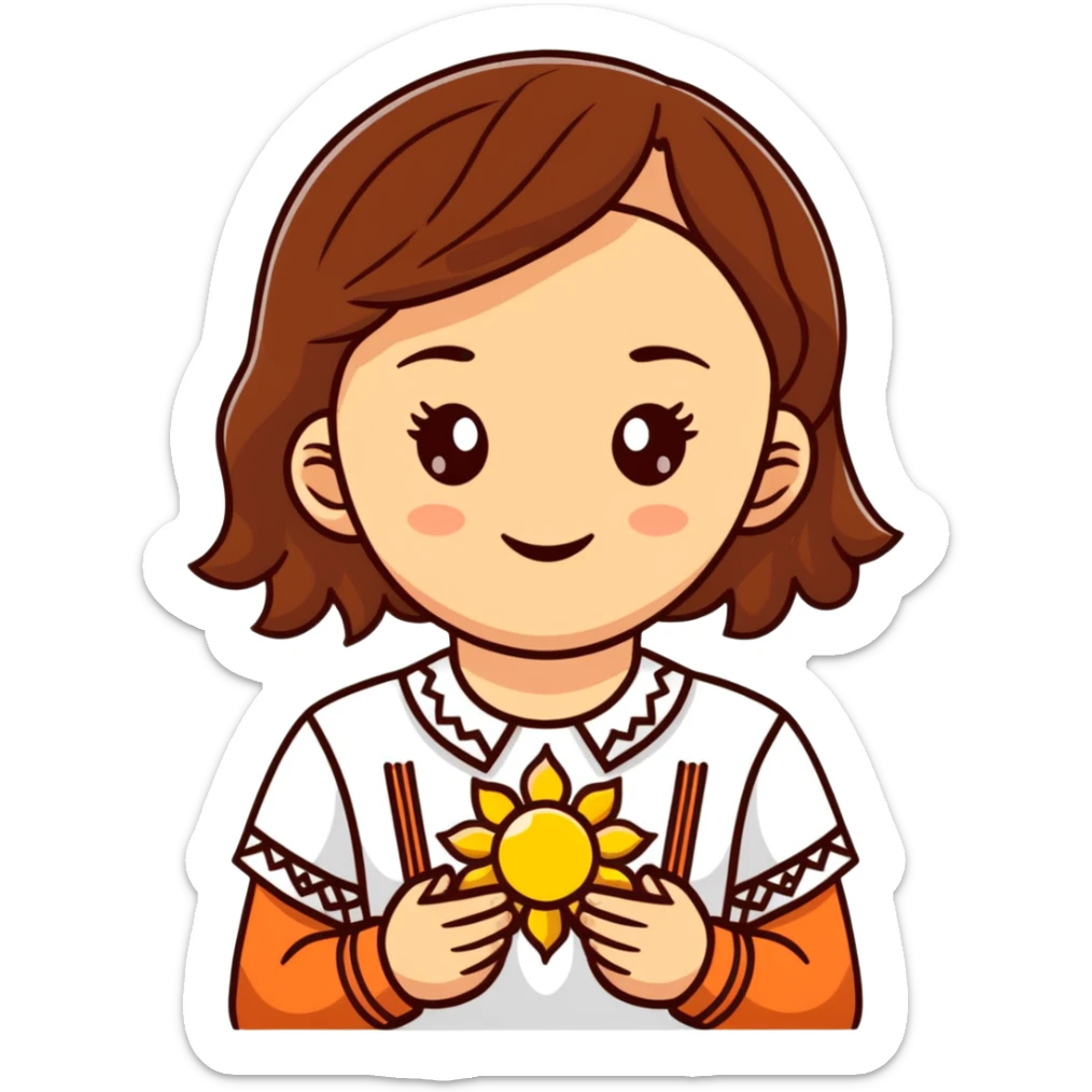 A young Ukrainian girl with brown hair wearing a traditional white embroidered shirt carefully holds a bright sun in her hands sticker