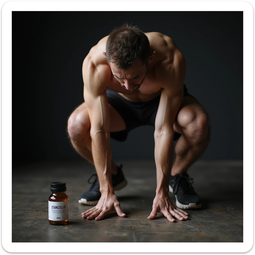 photo realistic crossfit athlete with rigid and painful posture, hands on painful knees, visible muscles, vials labeled 'Stanozololo' next to him, intense light, gym background sticker