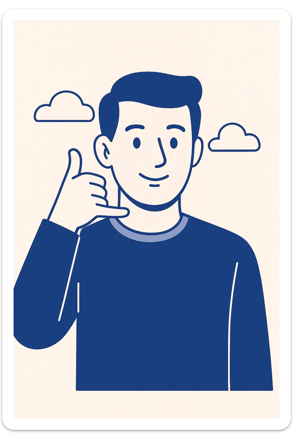 man making phone call gesture, hand to ear, thumb and pinky finger forming phone sign, front view, simple background, modern and clear style sticker