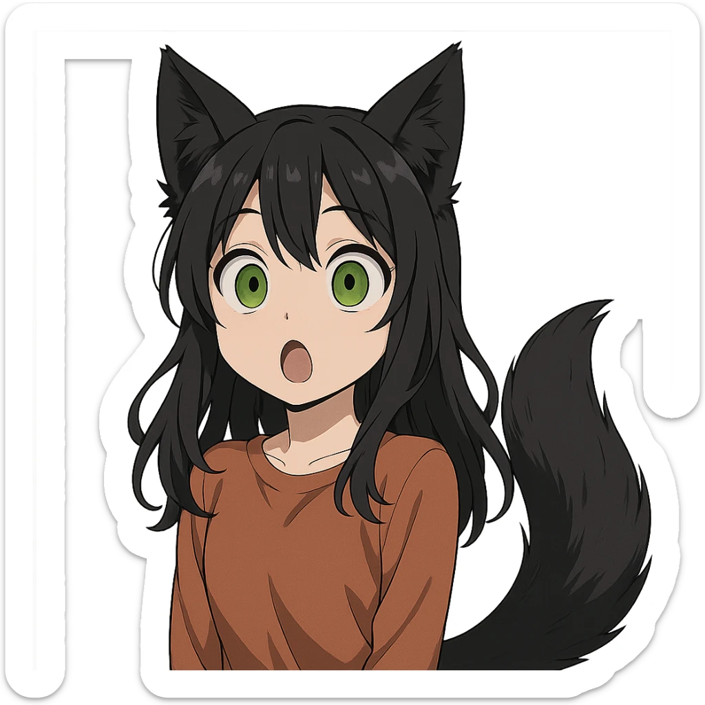 a surprised girl with huge green eyes, black fox ears, and a tail, dark hair sticker