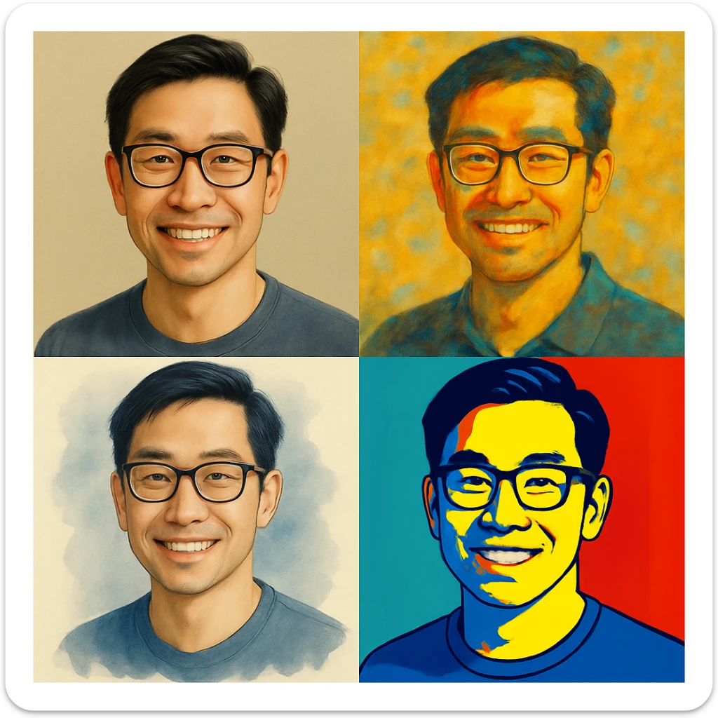 Edit the image of an East Asian man with black hair wearing glasses to have a smiling expression. Keep the original style of the image. sticker