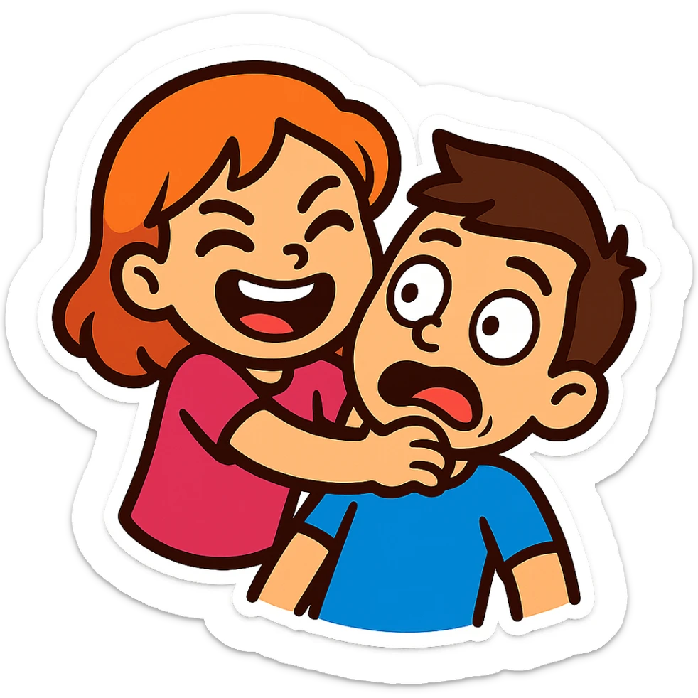vibrant cartoon emoji sticker of a girl playfully grabbing a boy's neck, both characters with expressive, humorous faces, designed for chat sticker use sticker