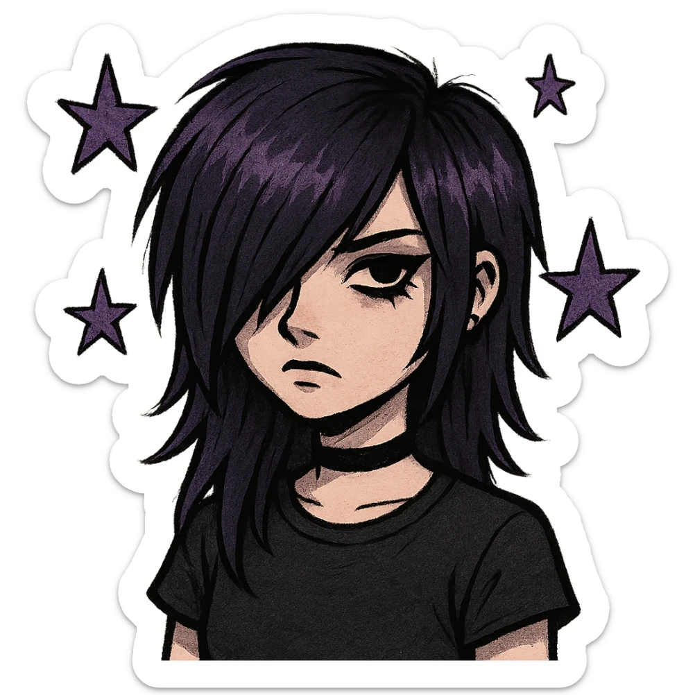 purple emo girl, dark purple hair with side bangs, black eyeliner, choker, moody expression, star accents sticker