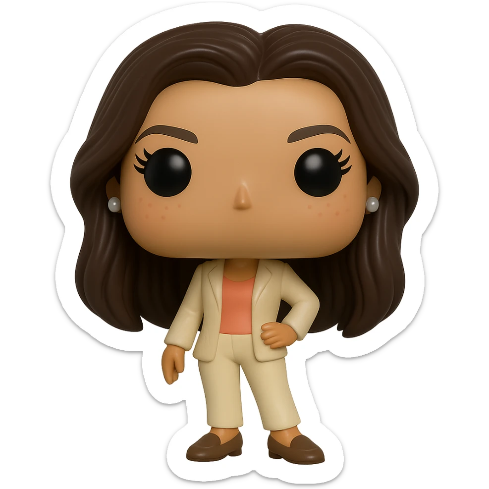 Create a superior quality Funko Pop style vinyl figure of Eva Longoria with luminous smooth tanned skin, detailed dark hair, textured cream blazer, peach top, cream bottoms, small pearly earrings, greige leather loafers clearly visible, cool pose, rosy cheeks, very discreet freckles, eyelashes, mischievous and cheerful expression, no mouth, transparent background. sticker