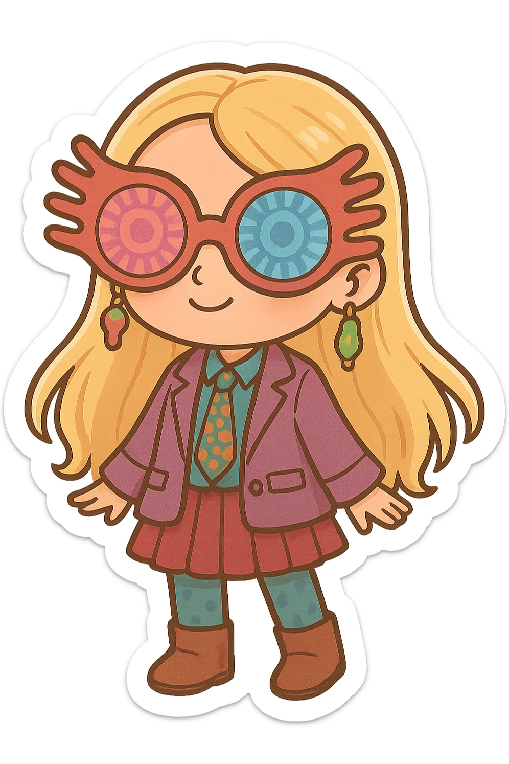 Add Luna Lovegood's iconic large, colorful, and fun-shaped glasses on the character's face, keeping the cute and cartoon style of the image. sticker