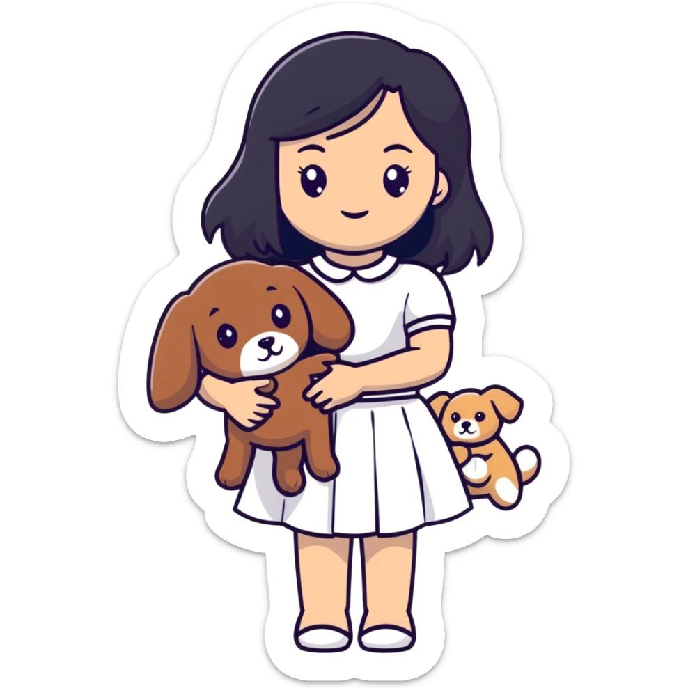 beautiful girl with long straight black hair wearing a white skirt holding a small brown curly teddy dog sticker