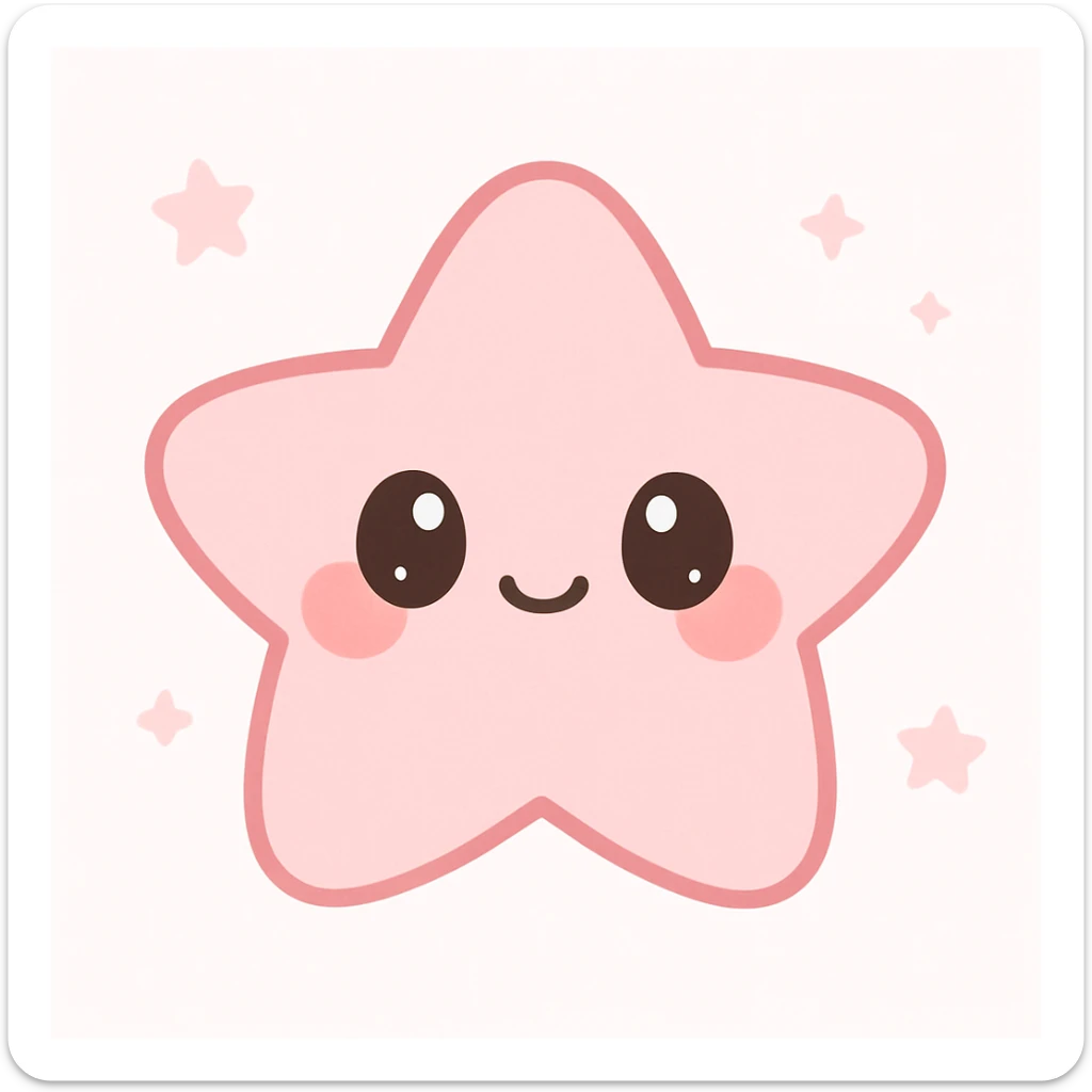 sweet pink star character, kawaii style, blushing cheeks, soft pink tones, friendly expression sticker