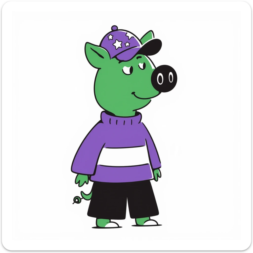 A green pig, in a purple sweatshirt, with a purple cap with a pattern of stars on his head sticker