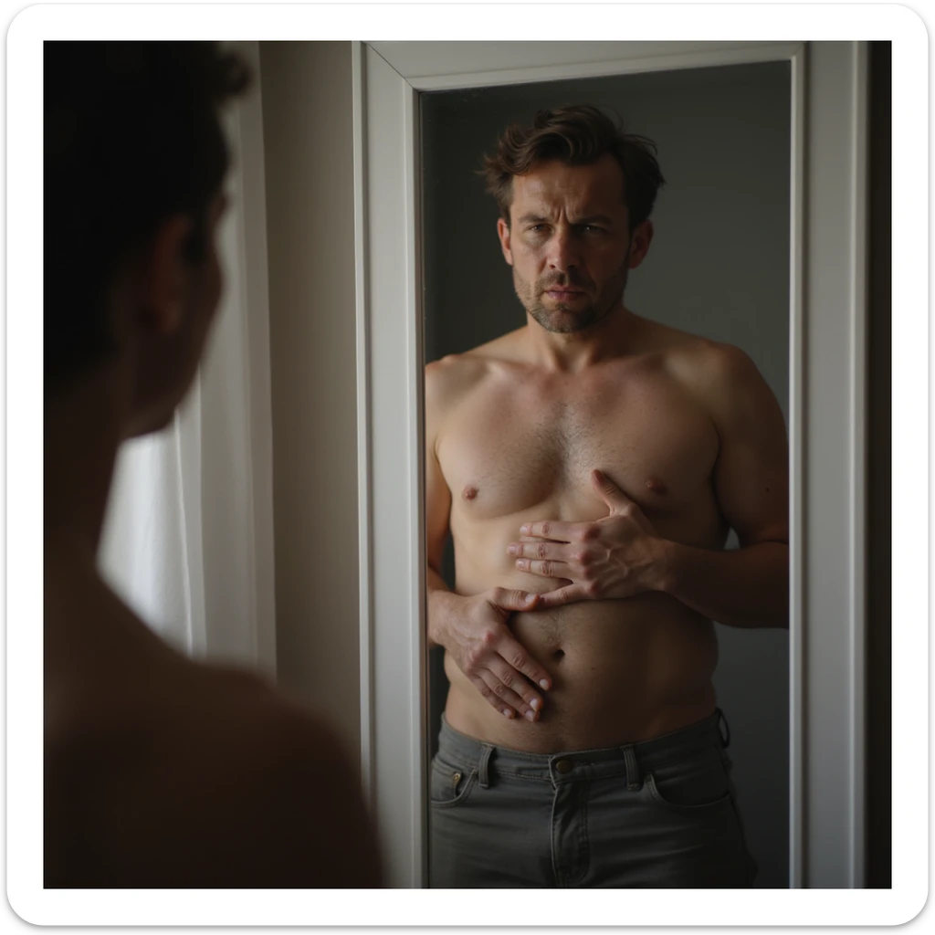 realistic 4K man in front of the mirror squeezing his belly with one hand and making a grimace of hatred sticker