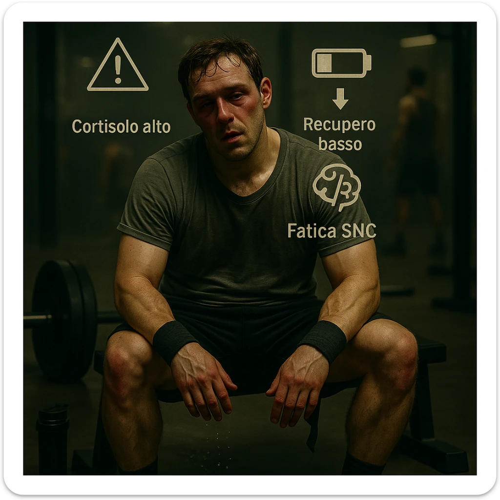 Add floating symbols above the head with Italian text: 'Cortisolo alto', 'Recupero basso', 'Fatica SNC'. The style should be raw cinematic with muted colors and dramatic lighting. The symbols must be clear and legible. sticker
