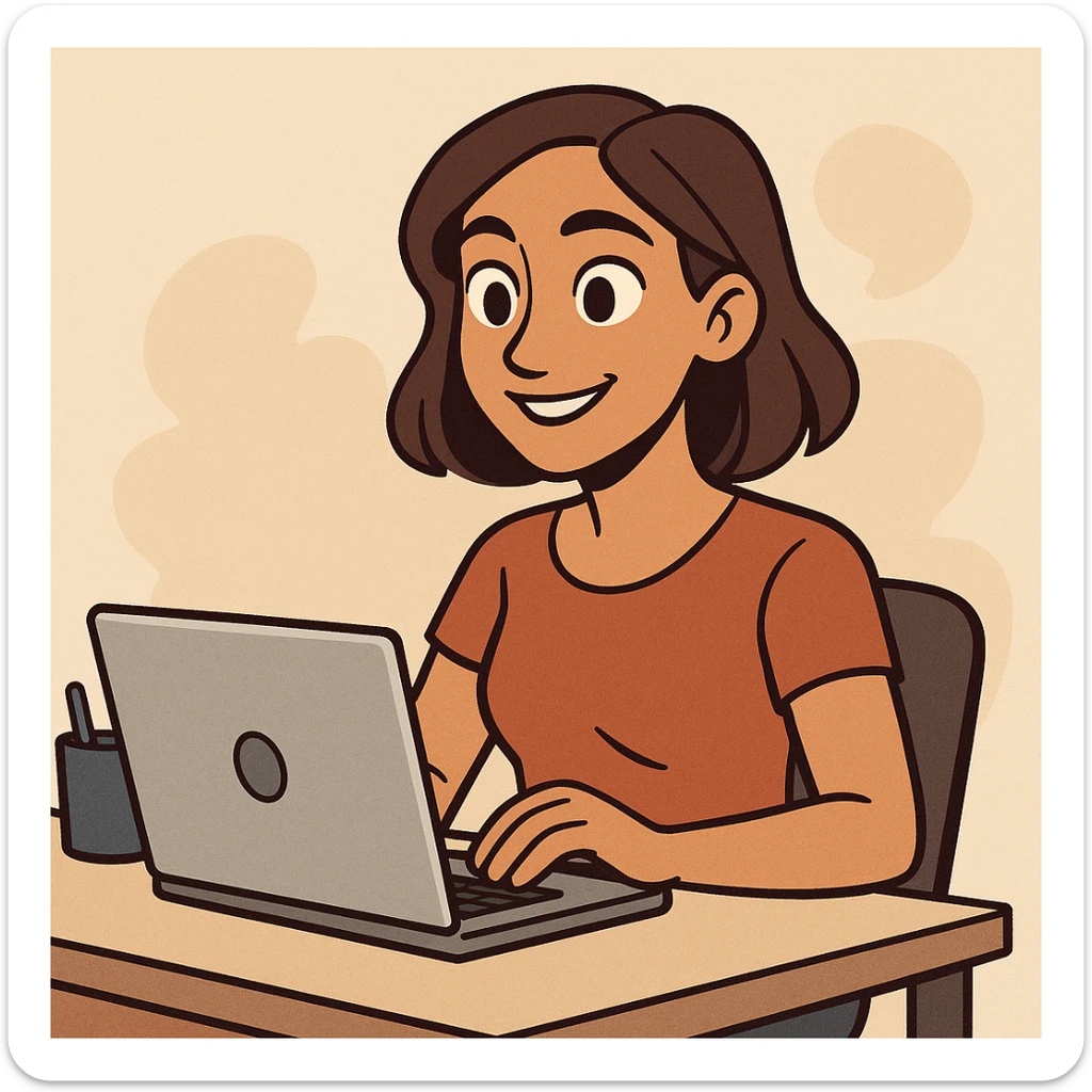 tan woman with brown eyes and brown shoulder length hair, working at a desk with a laptop, looking productive, modern illustration sticker