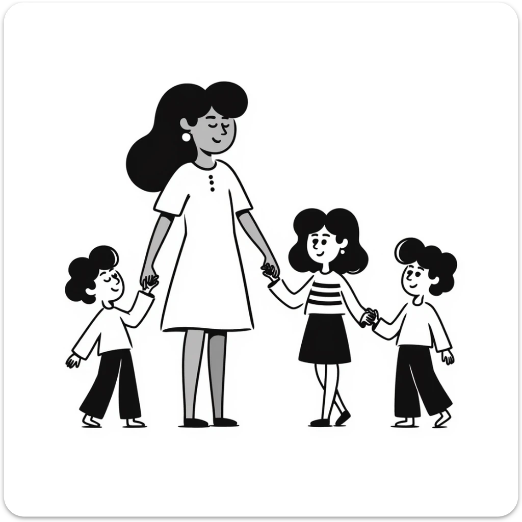 black doodle illustration of two women and two small children, joyful, hand-drawn style sticker