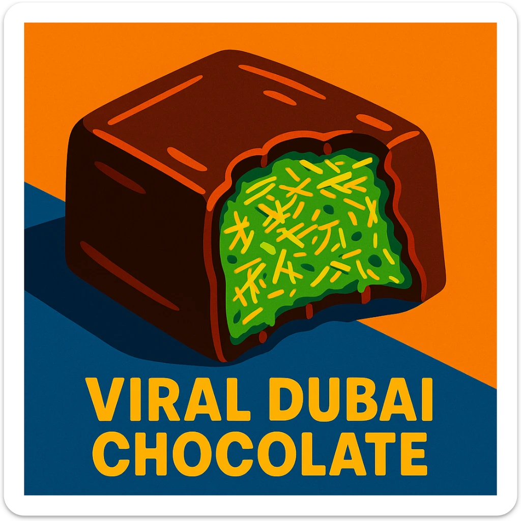 stylized illustration of the viral Dubai chocolate, bitten to show a bright green pistachio kataifi filling (shredded pastry and pistachio), with glossy highlights sticker