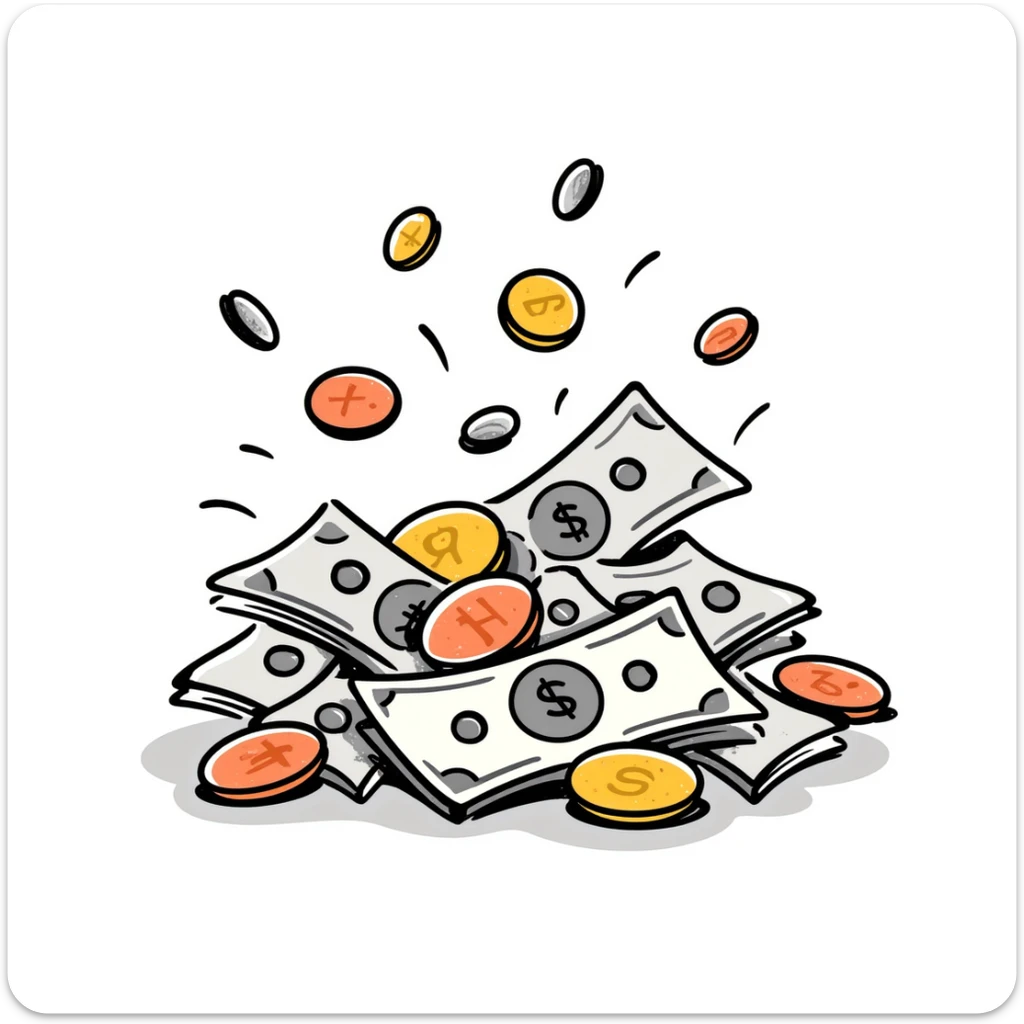 Money, cash, bills and coins in pastel colors (dd9fb0, ffc6d3, a3bfc9, c4bee2, f1b091), hand-drawn doodle style sticker