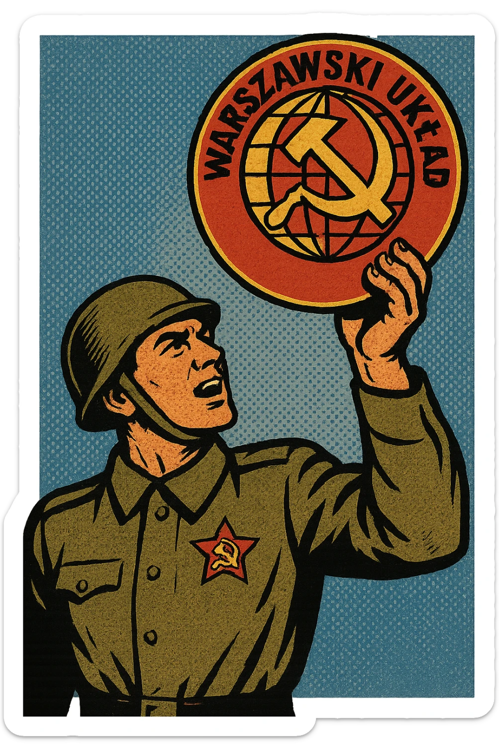 A 1940s Soviet male soldier with a communist party badge holding up a Warsaw Pact emblem sticker