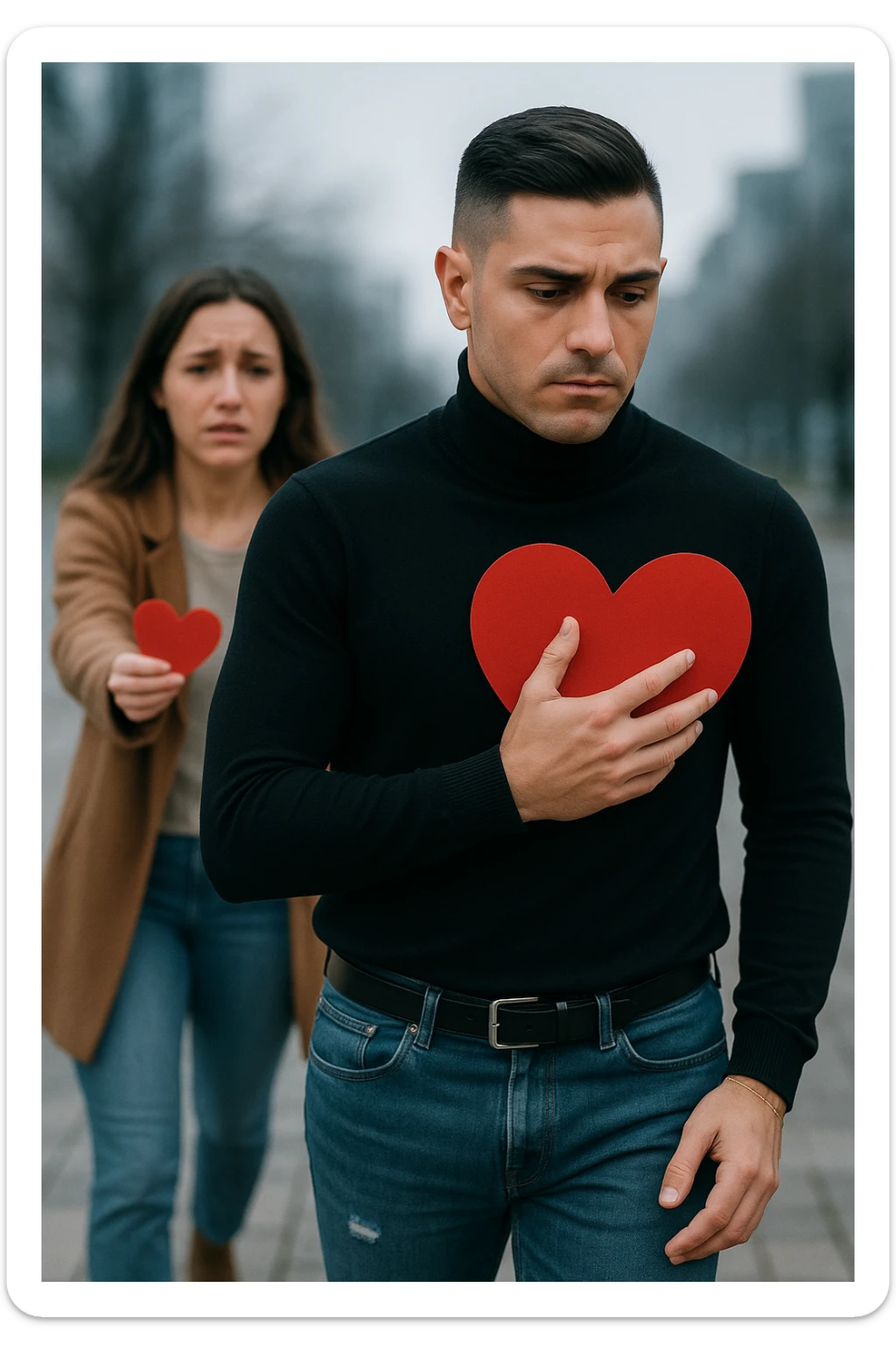 un uomo italiano in abiti casual si allontana da una donna che cerca di abbracciarlo. Lui stringe al petto un grande cuore rosso, mentre lei ne tiene uno più piccolo; entrambi hanno espressioni tristi, e la distanza emotiva è sottolineata da uno sfondo sfocato e freddo. sticker