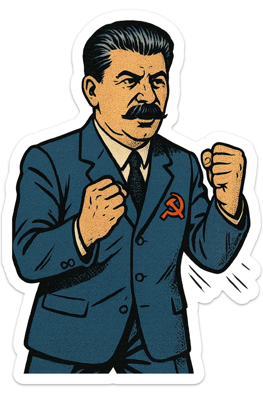A full body image of a political leader who looks like Joseph Stalin and who is wearing a blue suite with a large badge of the communist party on his jacket.  He will look determined and showing his fists sticker