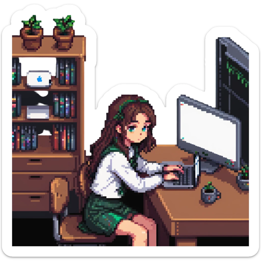 a girl sitting at a desk with a MacBook, focus on face and laptop, pixel art style sticker