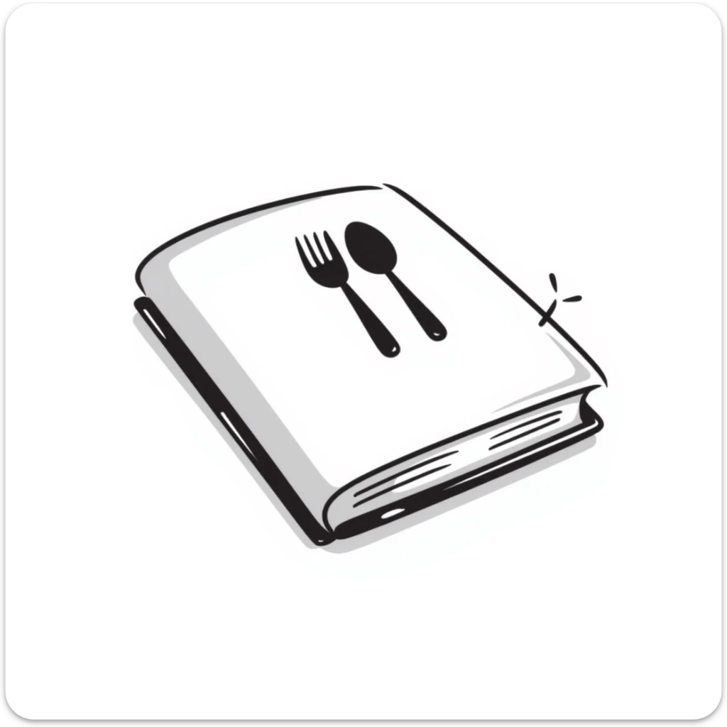Closed cookbook with a fork and spoon symbol on the cover – collection of recipes sticker
