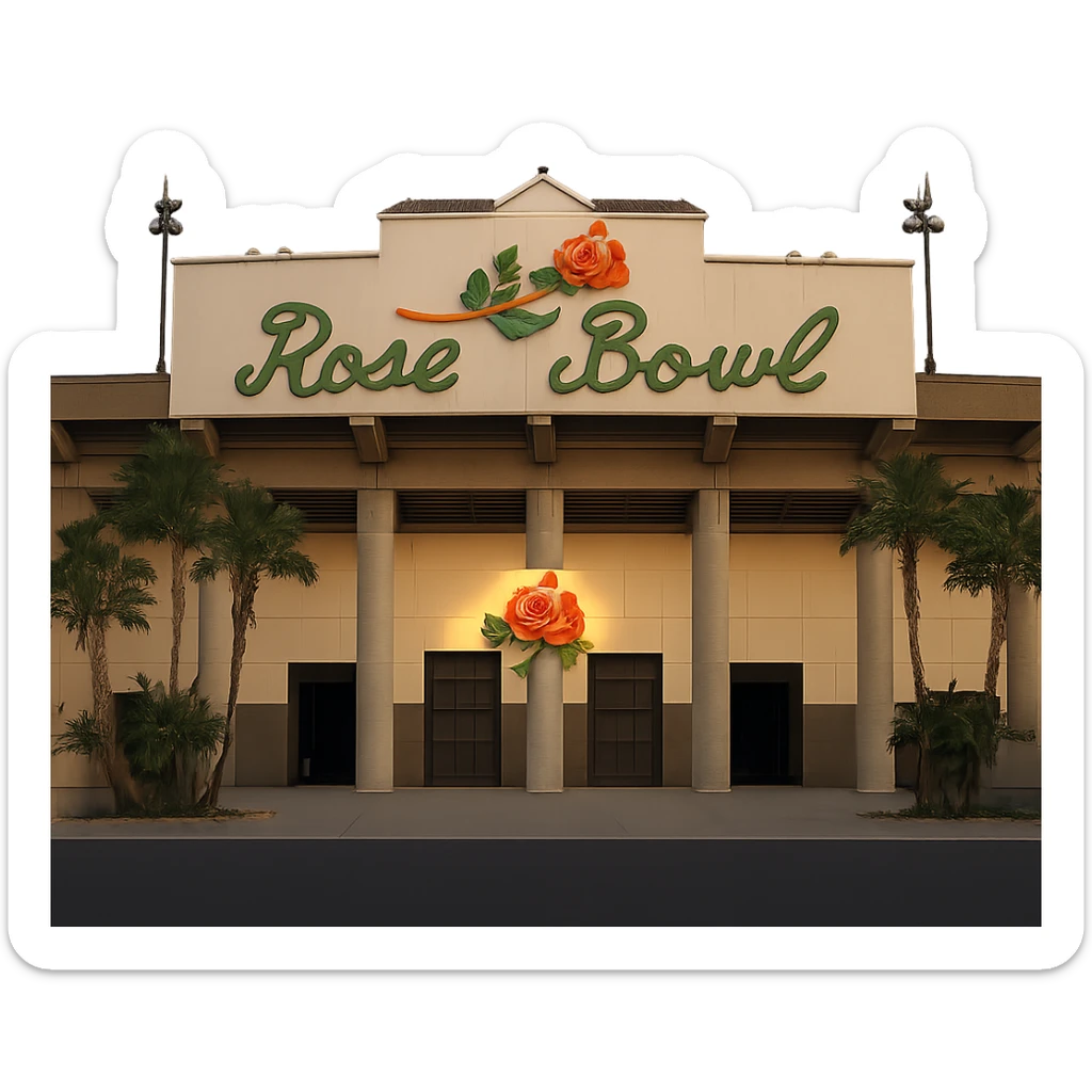 Adjust the coloring of the Rose Bowl Stadium emoji to be more realistic, removing the strange yellow tint. Keep the majestic, ornate architecture, lifelike detail, regal lighting, iconic sign, and accurate colors. Transparent background. sticker