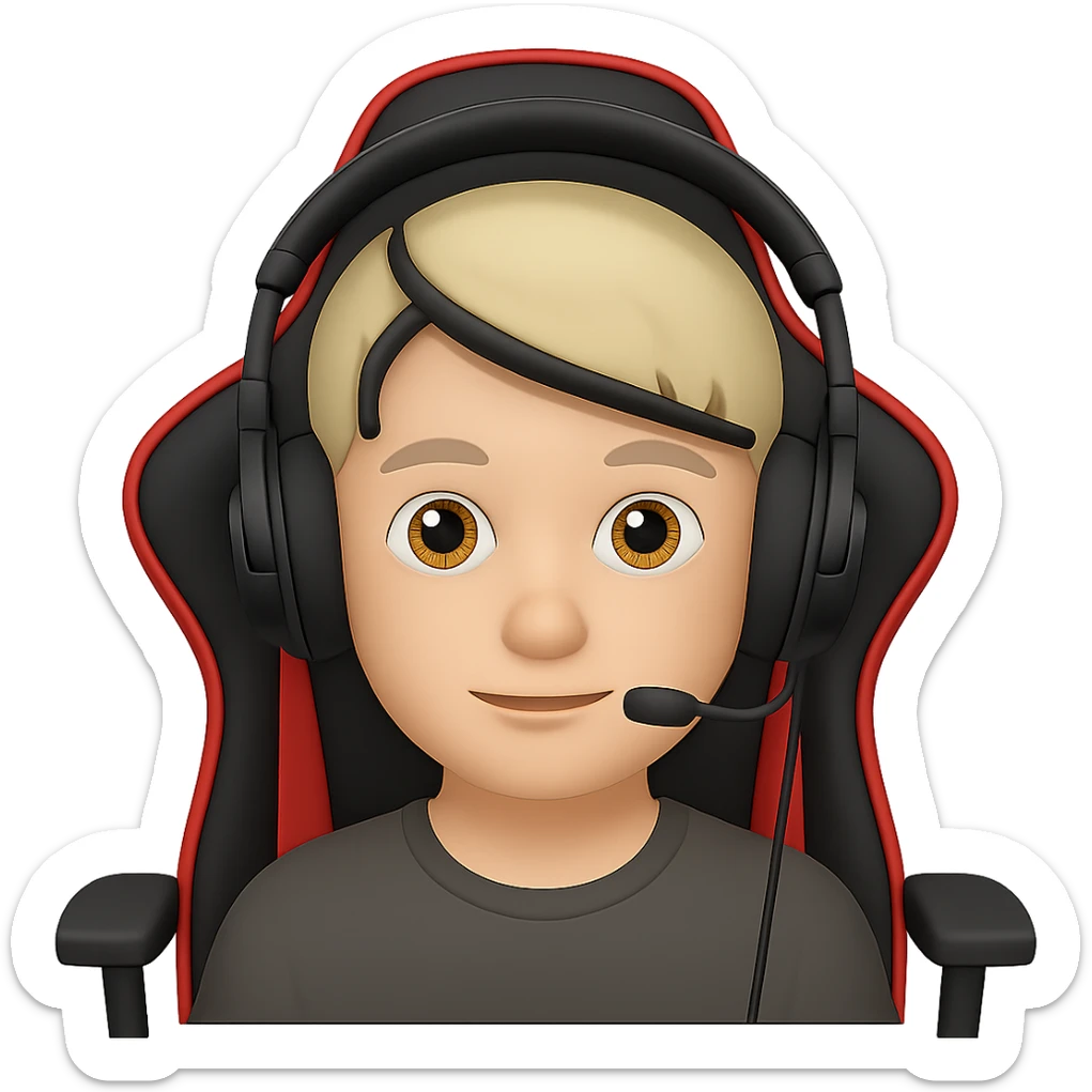 Add a gaming chair behind the streamer with headphones in the style of apple style emojis. Keep the emoji style look and no background. sticker