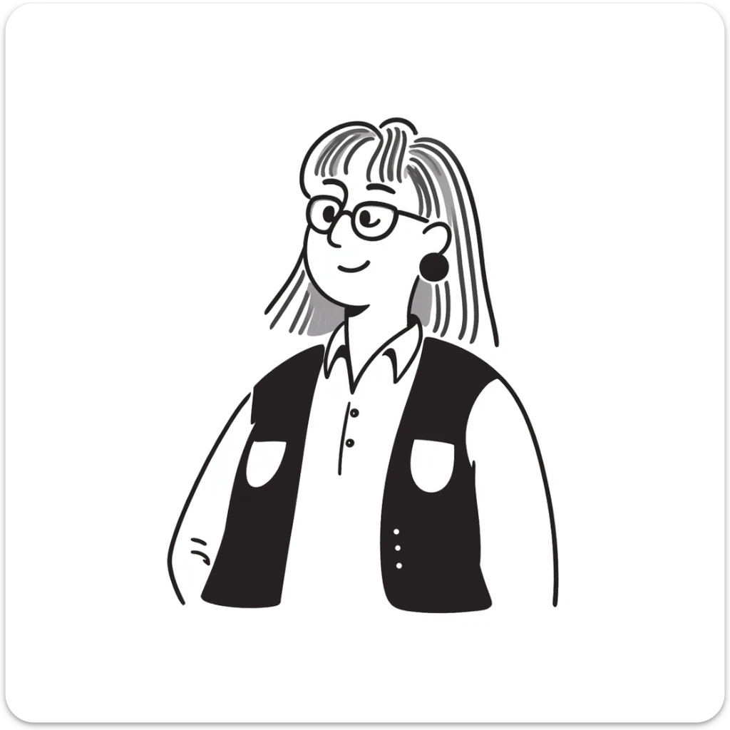 Hand-drawn plus size blonde person wearing glasses and a button-up vest sticker